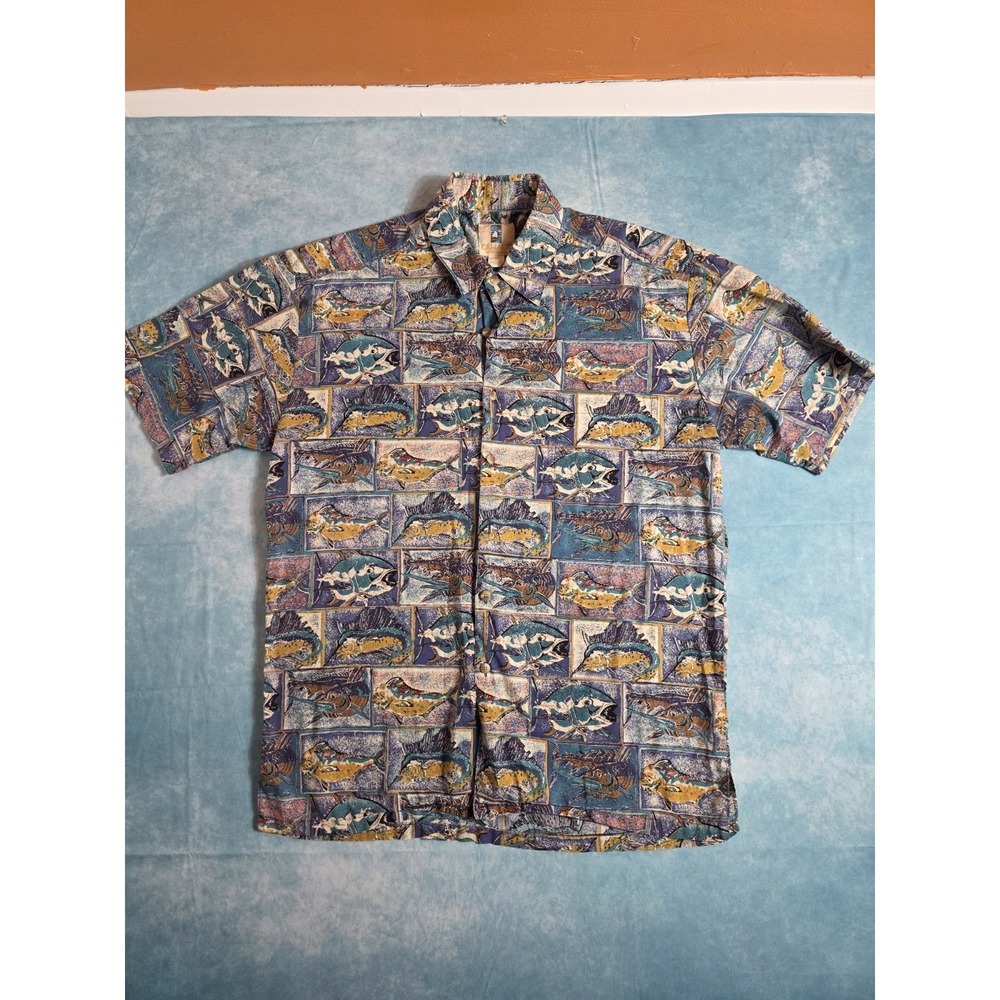 Vintage 90s Kahala Hawaiian Fish Print Shirt Large Cotton Marlin Aloha Blue
